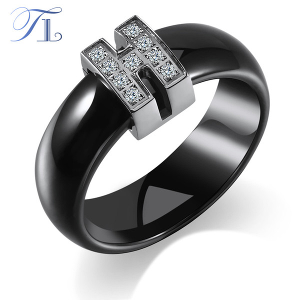 TL Fashion Ceramic Rings Black & White Double Layer Cubic Zircon Cabochon High Quality Party Rings Solid Smooth Ceramic Jewelry