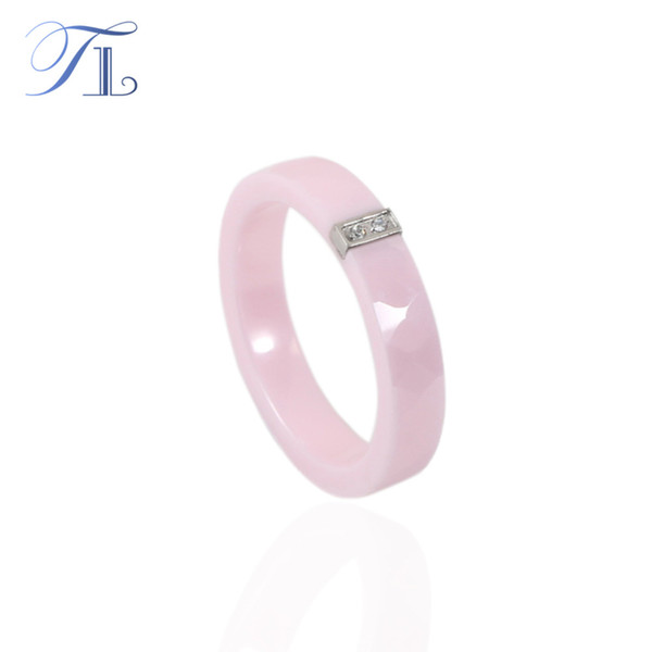 TL Pink Thin Ceramic Ring For Women Stainless Steel Silver Base Inlaid Zircon Simple Ceramic Anniversary Rings Handmade Jewelry