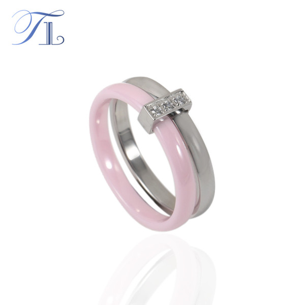 TL Pink Ceramic Ring For Women Two Layers Stainless Steel Silver Inlaid Zircon Thin Rings Unique Design Wedding Engagement Ring