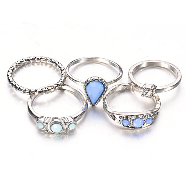 Diamond Ring 5pcs Sets Women Jewelry Alloy Rings 2017 Hot Sale Fashion Water-drop Turquoise Ring for Party