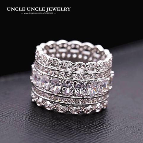 Luxury White Gold Color Hollow out Design Clear Cubic Zirconia Rhinestones Micro Setting Wide Woman Finger Ring Wholesale Gift