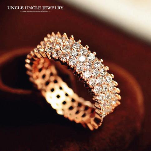 Rose Gold Color Sparkly Zirconia Micro Setting 3 Rows Wide Hollow Out Design Woman Finger Ring Wholesale