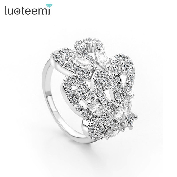 White-Gold Color Hearts and Arrows Cut Cubic Zirconia Stone Jewelry Ring for Women LUOTEEMI