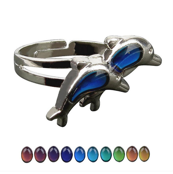 Creative Double Dolphin Color Change Mood Ring Charm Emotion Feeling Changeable Ring Temperature Control Color Rings Gift