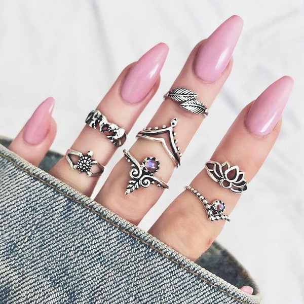 7pcs/set Ancient Silver Ring Set Retro Lotus Turtle Elephant Leaf Ring Joint Rings Crown Rings Women Fashion Jewelry Drop Ship