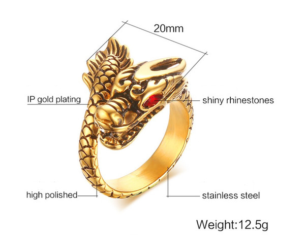 Men's Domineering Stainless Steel Red Diamond Eye Golden Dragon Ring