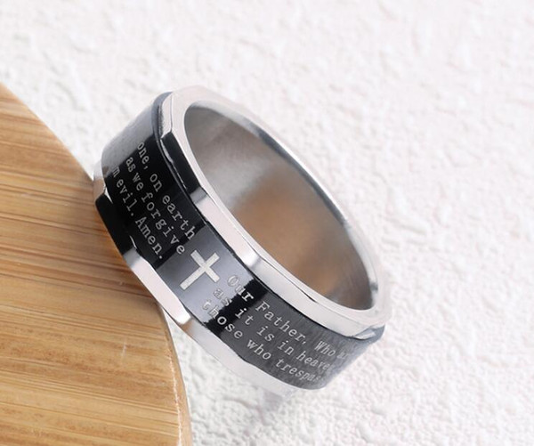 Black Rotating Cross rings with Bible words Titanium stainless Steel band Ring jesus for Women Men's Ring