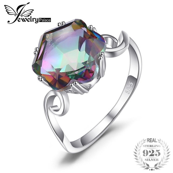 JewelryPalace 3.2ct Genuine Rainbow Fire Mystic Topaz Ring Solid 925 Sterling Silver Jewelry Ring Sets Gifts Women New Sale