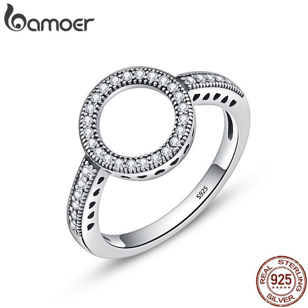 BAMOER 100% Genuine 925 Sterling Silver Forever Clear Black CZ Circle Round Finger Rings for Women Jewelry Christmas Gift SCR041