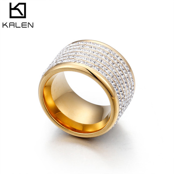 Rings For Women Wholesale Gold Color 16mm Width Steel Zircon Luxury (US Size #6 To #9)