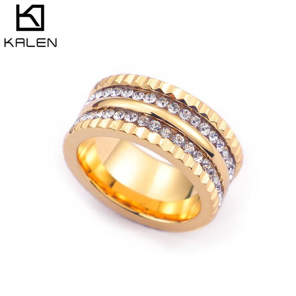 Rings For Women Gold Color 10 mm Width 316 Steel Double Zircon (US Size #6 To #9)