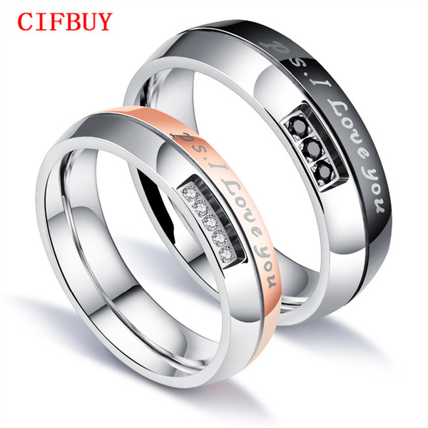 Romantic I LOVE YOU Wedding Ring For Lovers Pave Cubic Zirconia Rose Gold Color Steel Couples Engagement Bands Jewelry GJ544