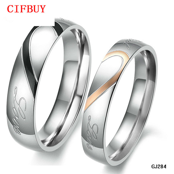 CIFBUY JEWELRY 316L Stainless Steel Silver Half Heart Simple Circle Real Love Couple Ring Wedding Rings Engagement Rings