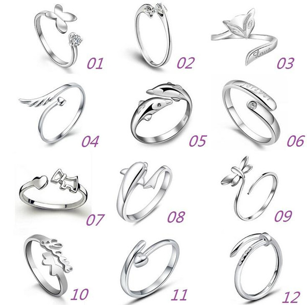 925 Sterling Silver Jewerly Rings Dolphins Dragonfly Wings Of The Angel Love Fox Butterfly Opening Adjustable Ring For Women Free Shipping