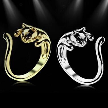 Fashion Kitty Cat Ring Animal open Adjustable Cluster finger Ring cuff With Rhinestone Eyes Animal Rings Christmas gift