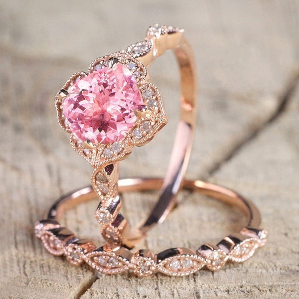 Fashion Rose Gold Natural Ruby Diamond Ring Bridal Wedding Engagement Exquisite Ring Set