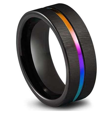 Black Titanium Stainless Steel Simple Ring Wedding Band 8mm Colorful Rainbow Couple Ring