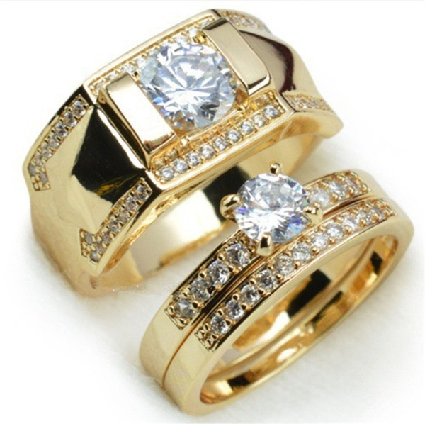 Hot Sale Plated 18k yellow gold couple ring European and American fashion inlaid zircon men's ring set ring Diamond rings