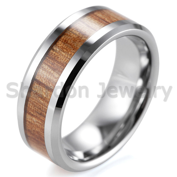 SHARDON 6mm/8mm Tungsten Carbide Rings with Beveled Edges and Real Zebra Wood Inlay Wedding Band