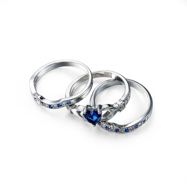 Luckyshine Hot seller Fashion jewelry brand Women wedding rings for Lovers Dark Blue Heart-shaped Zircon Silver Plated 3 Pcs Rings Set