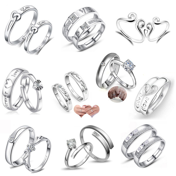 2017 New Fashion 9 styles 9 pairs Engagement/Wedding 925 Sterling Silver Ring Heart Women Jewelry Cross Mens Couple Rings Free Shipping