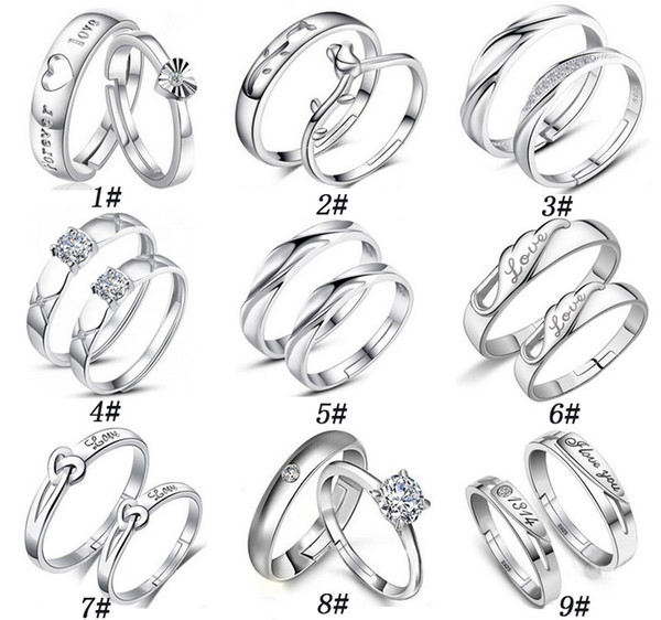 925 Sterling Silver Jewerly Couple Rings With Rhinestone Opening Adjustable Lovers Ring For Women And Men