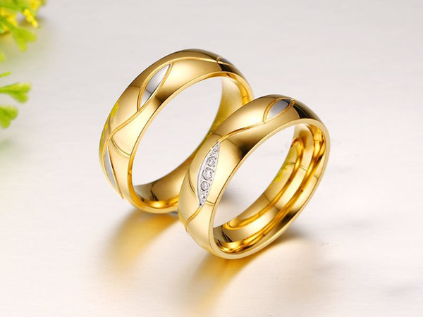 Couple Rings For Women Men Cubic Zirconia Wedding Ring Gold-Color Stainless Steel Female Jewelry for Anniversary Gift