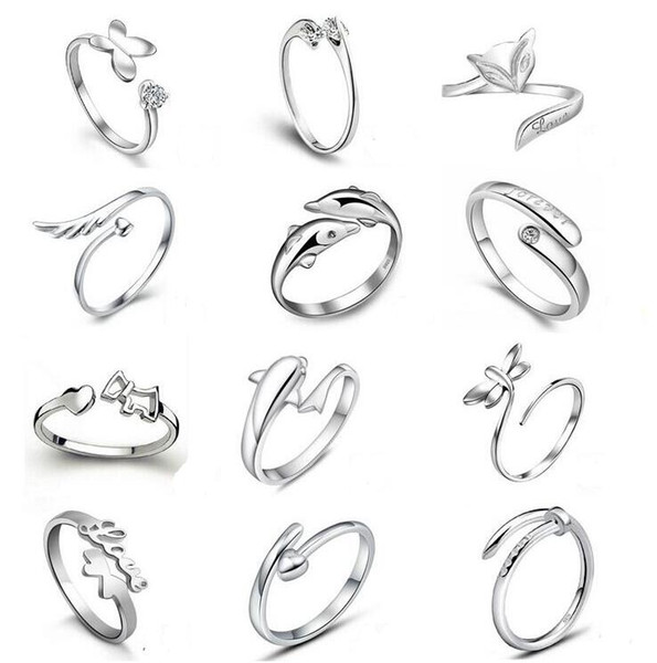 925 Sterling Silver Jewerly Rings Dolphins Dragonfly Wings Of The Angel Love Fox Butterfly Opening Adjustable Ring For Women