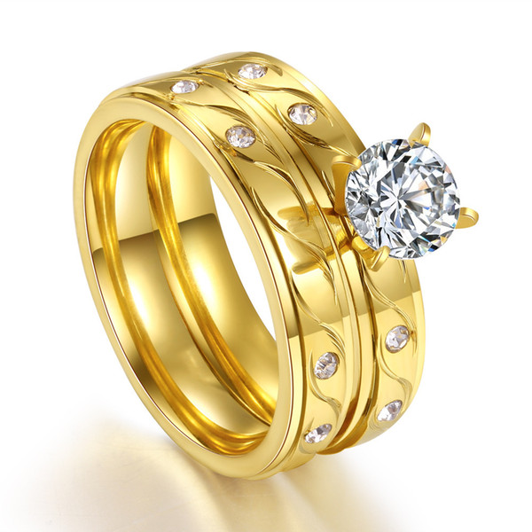 Stainless steel ring set with round large zircon titanium steel plated gold man and woman couple ring