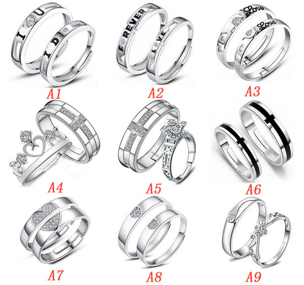 925 Sterling Silver Jewerly Couple Rings With Rhinestone Opening Adjustable Lovers Rings For Women And Men Free Shipping