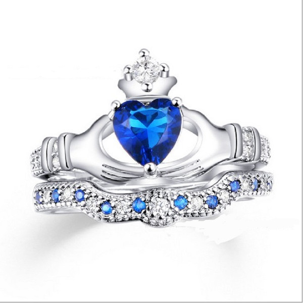 Wholesale Luxury Creative Zircon Ring Silver Plated Diamond Blue Crystal Double Layers In Hand Heart-shaped Rings For Women