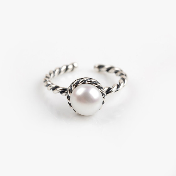 sterling silver S925 fashion exquisite pearl inlaid silver ring opening twist thread