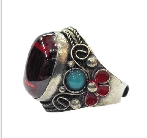 RARE MIAO SILVER OLD INLAY Zircon Cloisonne Enamel Red Flower Noble Ring