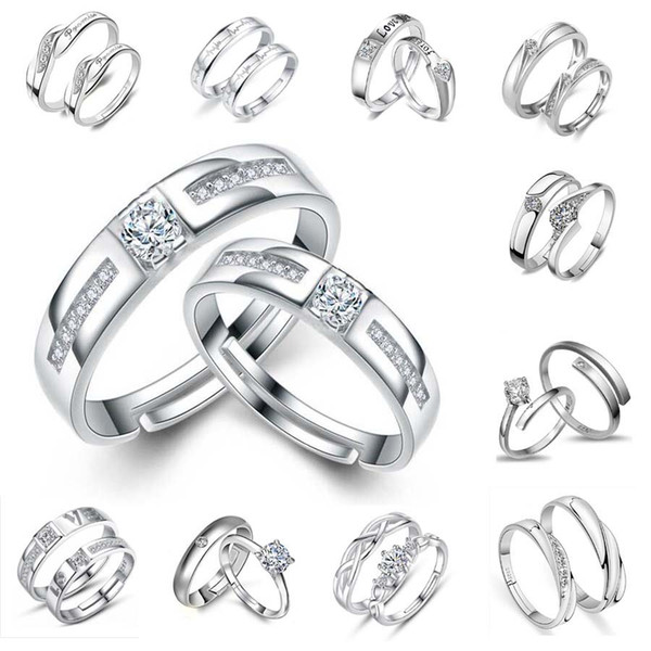 Ring Silver Couple rings for Lovers Hot Sale Crystal Charms Couple Band Rings Party Gift Jewelry Wholesale Free Shipping 0193WH