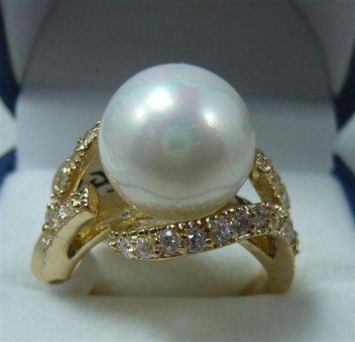 free shipping > Pretty 18KGP 12MM White Shell Pearl Women' s Ring size 7#8#9#