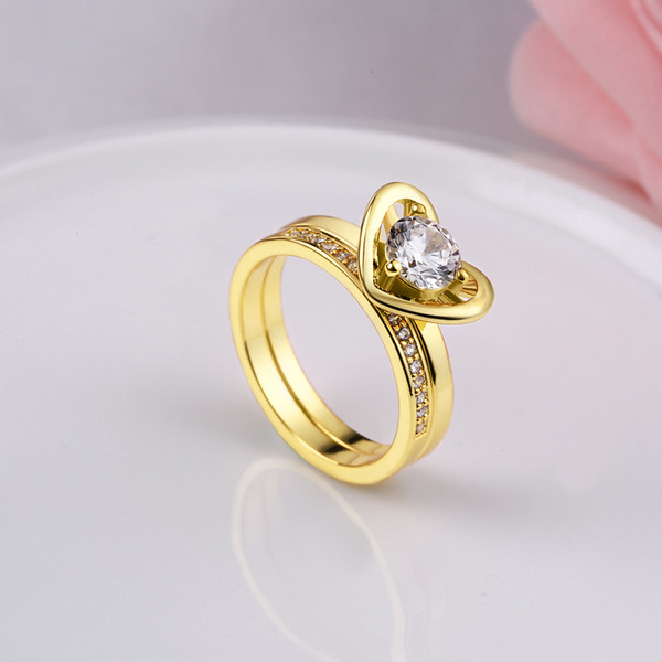 Heart-Shaped Double Gold Plated / Silver Couple Ring Men's And Women's 2-Pc Wedding Engagement Ring Set Simulated Diamond Jewelry