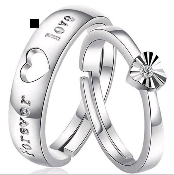 2pcs Set Top Quality Couple Rings Heart Shape Adjustable Swiss Diamond 925 Sterling Silver Jewelry for Men and Women