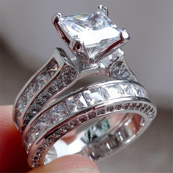 CZ Crystal Set Double Rings Female silver Color Wedding diamond Brand Rhinestone Engagement Finger Ring For Women Jewelry