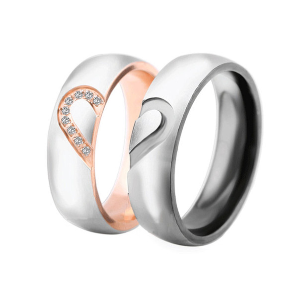 Creative Stainless Steel Couple Rings Geometric Carved Heart Rhinestone Rings Women & Men Valentine's Day Gift Jewelry Accessories Wholesale