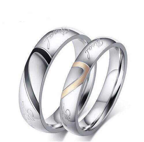 18K White Gold Plated Stainless Steel Love Heart Couple Ring Lover's Jewelry Size 4-15