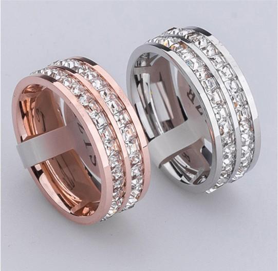 high quality Korean super flash single and double row CZ diamond drill diamond ring female couple rings crystal rose gold titanium steel