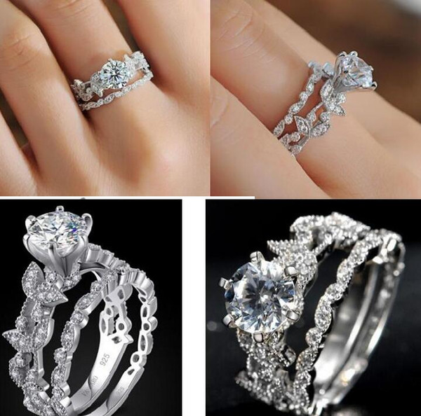 EXCLUSIVE Lady's 925 Sterling Silver Flower Simulated Diamond CZ Paved Stone 2 Statement Wedding Band Ring Sets Jewelry for Women