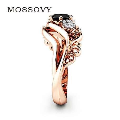 Mossovy Zircon Inlaid With Hollow Flower Rose Gold Wedding Rings for Women Black Rhinestone Engagement Ring for Female Jewelry