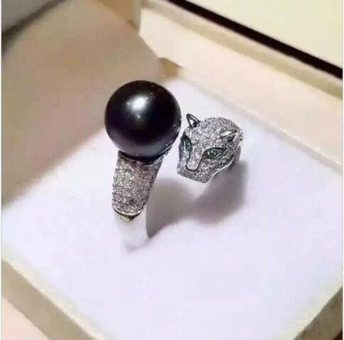 Natural Tahitian Pearl Rings Leopard 10mm Seawater Black Pearl Ring Above-Absolute Mother shell Pearl Ring