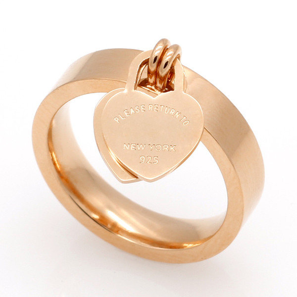 Europe and America 316L titanium steel plated rose gold heart-shaped ring for couples T letter ring jewelry