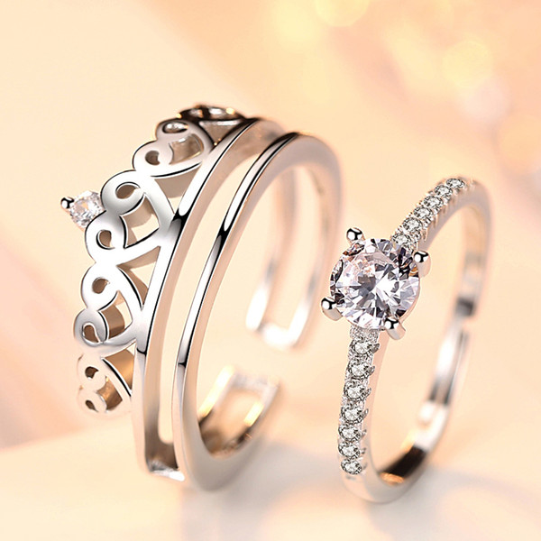 S925 silver two-in-one crown ring ladies detachable detachable two-piece set of combination double ring web celebrity ring