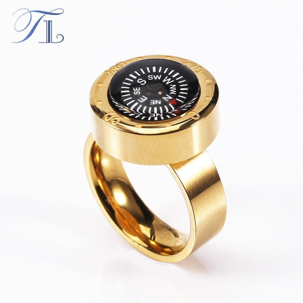 TL Stainless Steel Compass Rings Gold & Silver Plated Needle Pointing To North Quarter Scale Cabochon Orienteering Unique Rings