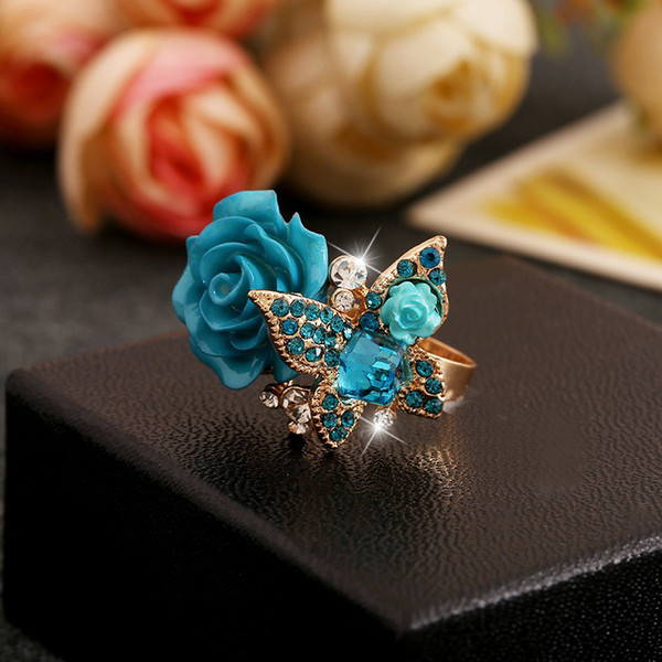 Retro Bohemia alloy Fashion Rose butterfly crystal rings for women Adjustable Engagement party ring 6 Colors