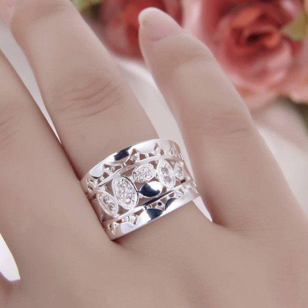 2018 Trendy Jewelry Women Fashion Natural Crystal Silver Plated Solid Hollow Out Ring Size 7 8