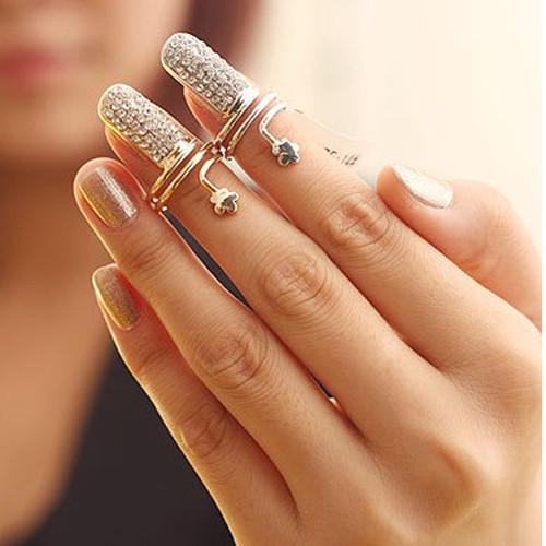 Stocked New Fashion Cute creative Finger Nail Ring Charm Crown Flower Crystal Female Personality Nail Art Rings